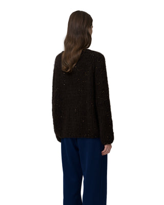 Rückenansicht V-Neck Kaschmirpullover mit Pailletten in der Farbe braun