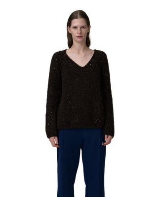 Seitenansicht V-Neck Kaschmirpullover mit Pailletten in der Farbe braun