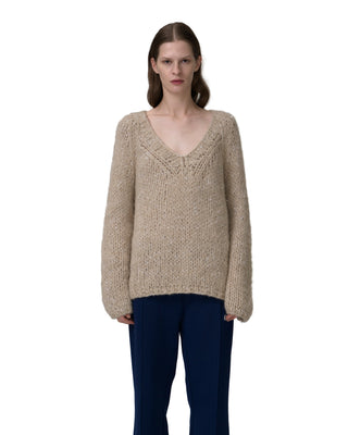 Frontansicht V-Neck Kaschmirpullover mit Pailletten in der Farbe sandstein