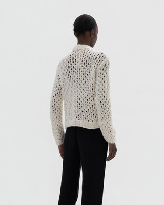 Ella Silla 100 Prozent Kaschmir Lochstrick Jacke mit Knöpfen Damen, bianco, Rundhals, weich, elegant 