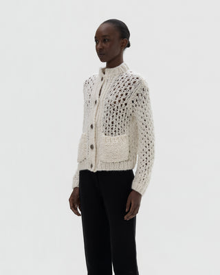Ella Silla 100 Prozent Kaschmir Lochstrick Jacke mit Knöpfen Damen, bianco, Rundhals, weich, elegant 