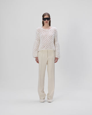 Ella Silla 100 Prozent Kaschmir Lochstrick Pullover Damen, weiß, Rundhals, weich, elegant 