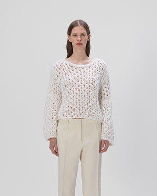 Ella Silla 100 Prozent Kaschmir Lochstrick Pullover Damen, weiß, Rundhals, weich, elegant 