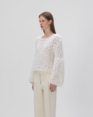 Ella Silla 100 Prozent Kaschmir Lochstrick Pullover Damen, weiß, Rundhals, weich, elegant 