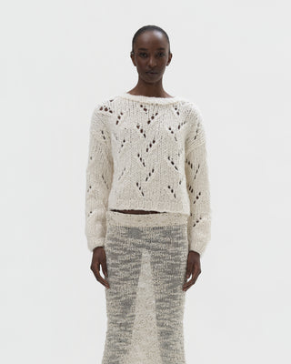Ella Silla 100 Prozent Kaschmir Lochstrick Pullover Damen, Bianco, Rundhals, weich, elegant 