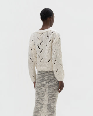 Ella Silla 100 Prozent Kaschmir Lochstrick Pullover Damen, Bianco, Rundhals, weich, elegant 