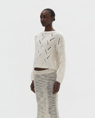 Ella Silla 100 Prozent Kaschmir Lochstrick Pullover Damen, Bianco, Rundhals, weich, elegant 