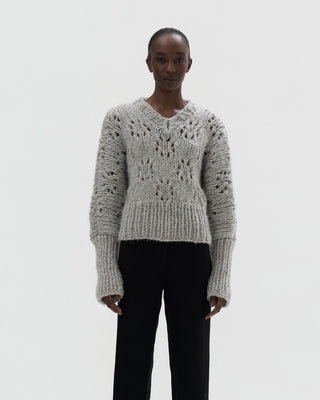 Ella Silla 100 Prozent Kaschmir Lochstrick V-Neck Pullover Damen, light grau, weich, elegant 
