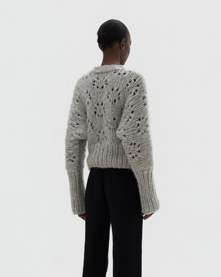 Ella Silla 100 Prozent Kaschmir Lochstrick V-Neck Pullover Damen, light grau, weich, elegant 