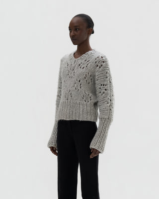 Ella Silla 100 Prozent Kaschmir Lochstrick V-Neck Pullover Damen, light grau, weich, elegant 