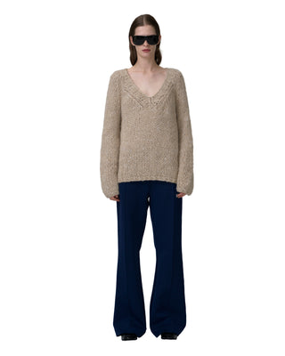 V-Neck Kaschmirpullover mit Pailletten in der Farbe sandstein