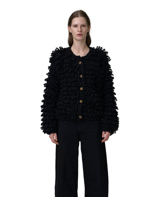 Frontansicht exclusive Kaschmirjacke mit Fransen in black