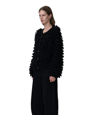 Seitenansicht exclusive Kaschmirjacke mit Fransen in black