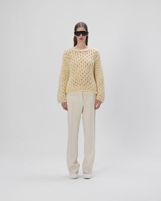 100 Prozent Kaschmir Lochstrick Pullover Damen, gelb, Rundhals, weich, elegant 