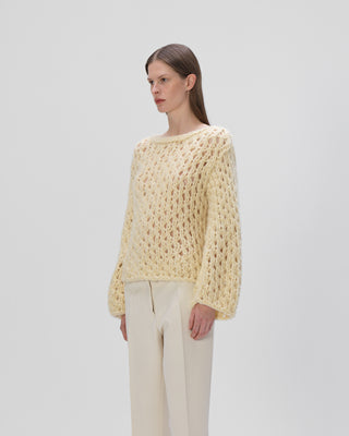 100 Prozent Kaschmir Lochstrick Pullover Damen, gelb, Rundhals, weich, elegant, Seitenansicht