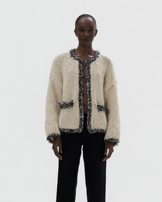Ella Silla 100 Prozent Kaschmir Cardigan mit Fransendetail Damen, ecru, Rundhals, weich, elegant 
