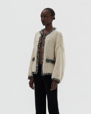 Ella Silla 100 Prozent Kaschmir Cardigan mit Fransendetail Damen, ecru, Rundhals, weich, elegant 