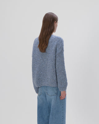 Ella Silla 100 Prozent Kaschmir Strickjacke mit Knöpfen und Pailletten Damen, denim, Rundhals, weich, elegant 