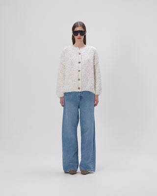 Ella Silla 100 Prozent Kaschmir Strickjacke mit Knöpfen und Pailletten Damen, weiß, Rundhals, weich, elegant 