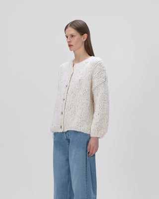 Ella Silla 100 Prozent Kaschmir Strickjacke mit Knöpfen und Pailletten Damen, weiß, Rundhals, weich, elegant 