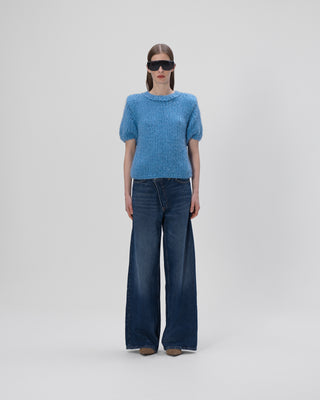 Ella Silla 100 Prozent Kaschmir T-Shirt Pullover Damen, blau, Rundhals, weich, elegant 