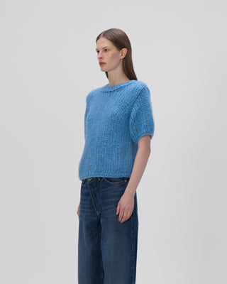 Ella Silla 100 Prozent Kaschmir T-Shirt Pullover Damen, blau, Rundhals, weich, elegant 